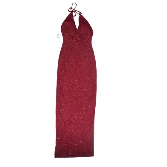 The Vintage Shop Wine Red Beaded Halter Sheath Holiday Ball Gown Womens Size S - Picture 7 of 7